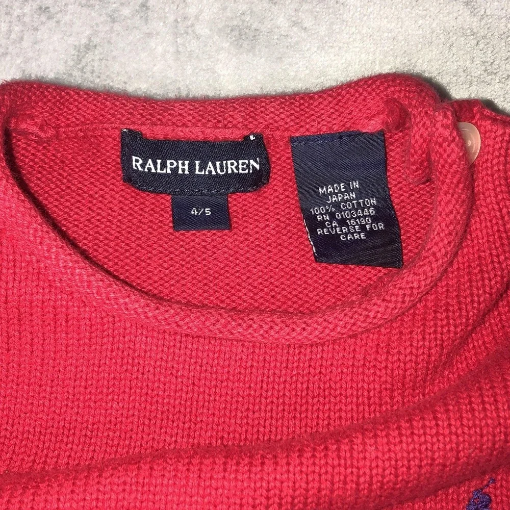 Ralph Lauren Rolled Neck Sweater Girl Sz 4/5 Red‎ Button Shoulder Logo Japan y2K